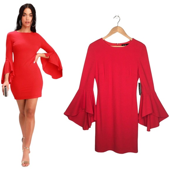Lulus Dresses & Skirts - Lulus Gimme Some Flair Red Flounce Sleeve Bodycon Lined Womens Dress Red M